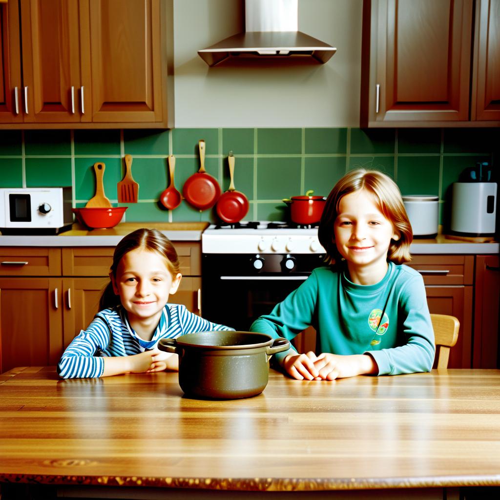  realistic photo. boy and girl. rite. pot. kitchen table., film photography style