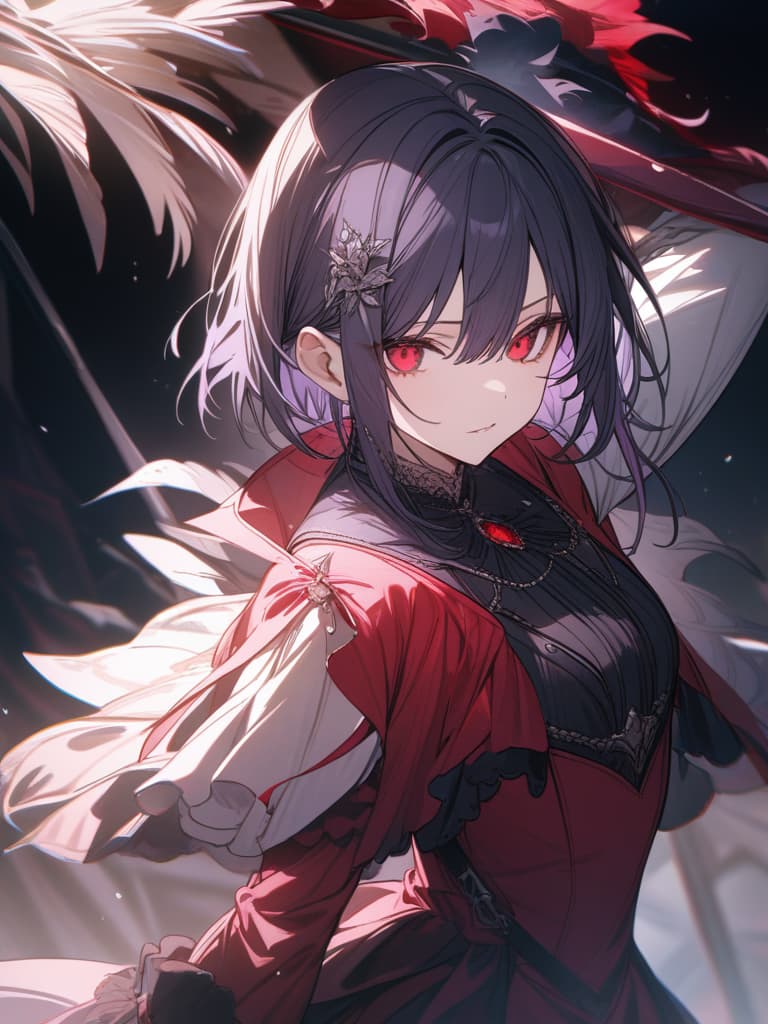  blue purple hair, bob hair, short hair, pink dress, red eye, vampire, devil feather, girl, young, red spear, masterpiece, best quality,8k,ultra detailed,high resolution,an extremely delicate and beautiful,hyper detail