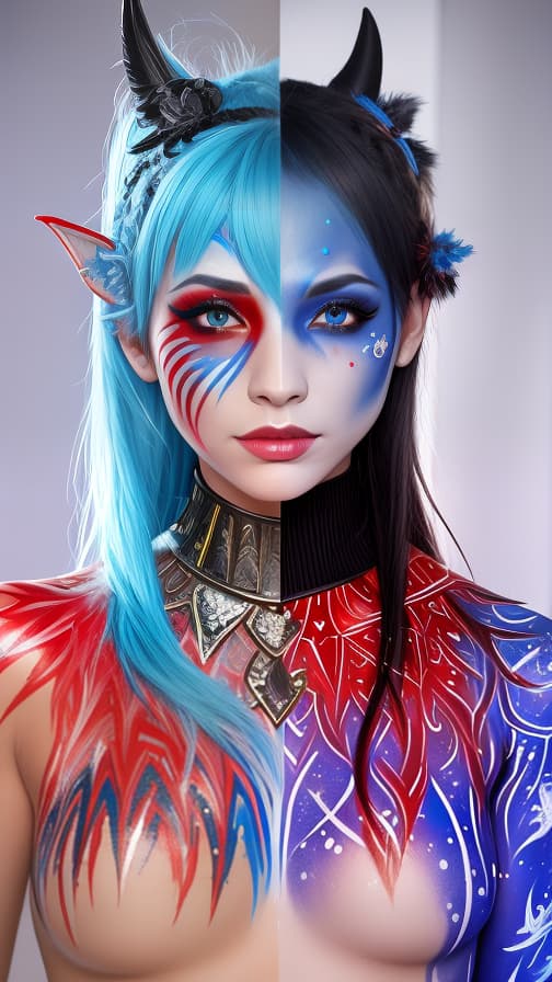  Body paint in every corner of the whole body, flame pattern body paint on the right, ice pattern body paint on the left, Red and blue face paint on the face, dark elf, full body image female