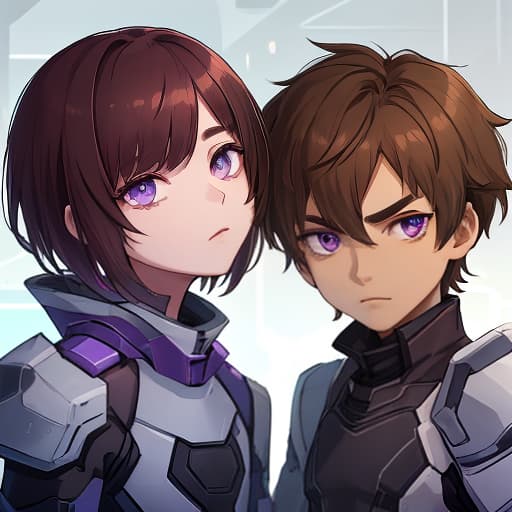  titan station, young man, lean build, with a small beard and a short haircut, and purple eyes. along with the girl, brown hair, dark eyes