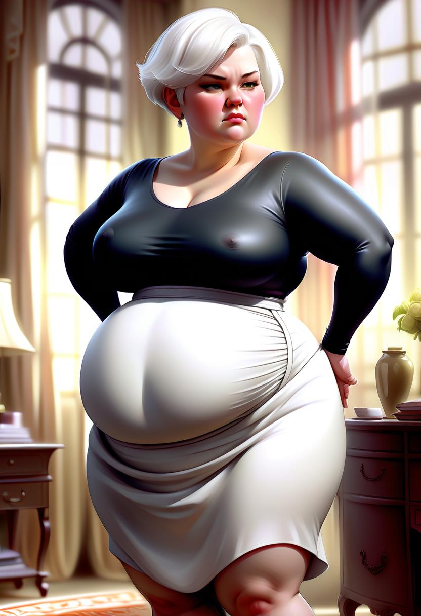  concept art in full growth, beautiful , heavy and fat, like a woman, big stomach, in dress, white short hair, tight fitting clothes on the stomach, concept art, ilrative, in color, digital artwork, highly detailed. . digital artwork, ilrative, painterly, matte painting, highly detailed