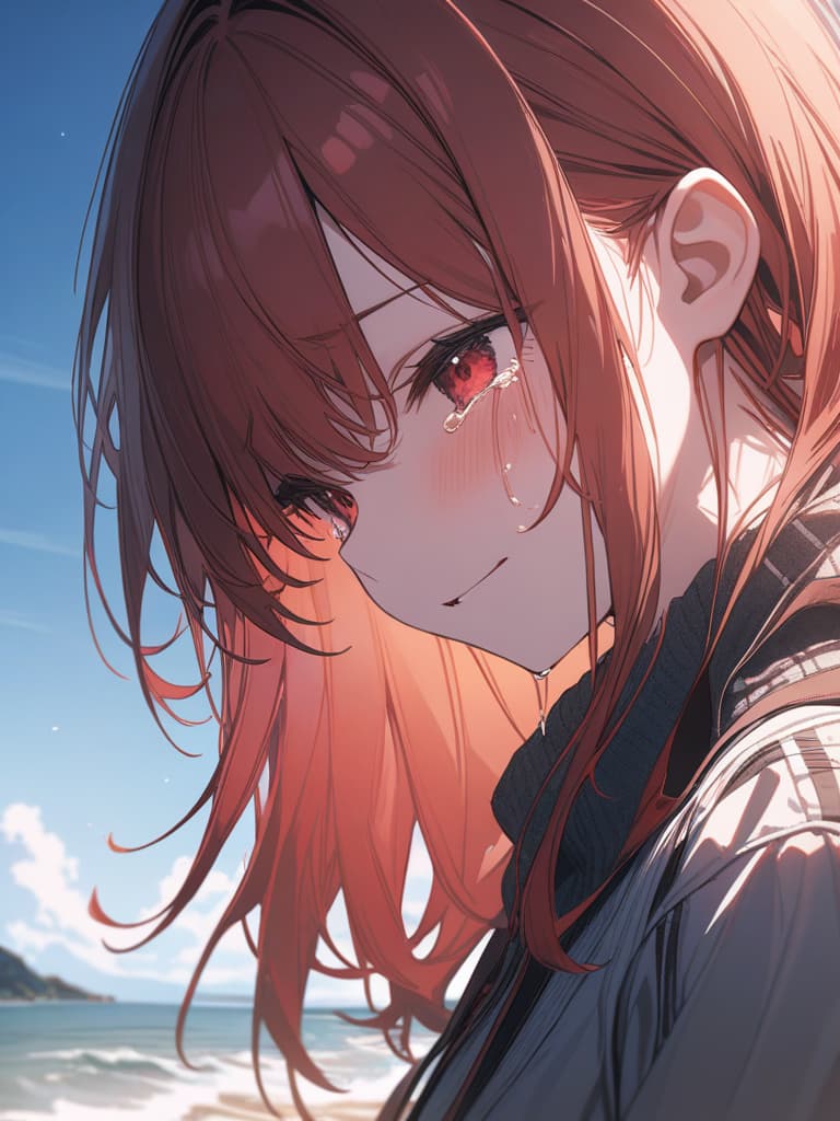  sea, crying face, chemo ear, red hair, masterpiece, best quality,8k,ultra detailed,high resolution,an extremely delicate and beautiful,hyper detail