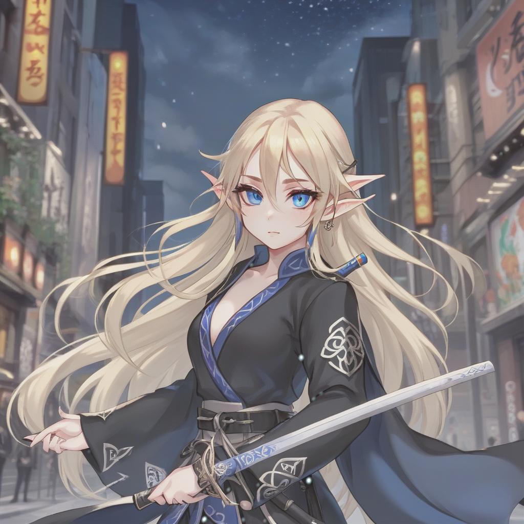  elf girl, blonde long loose hair, deep dark blue eyes, black combat suit, small silver earrings, hairpin, katana, night city, bright signs