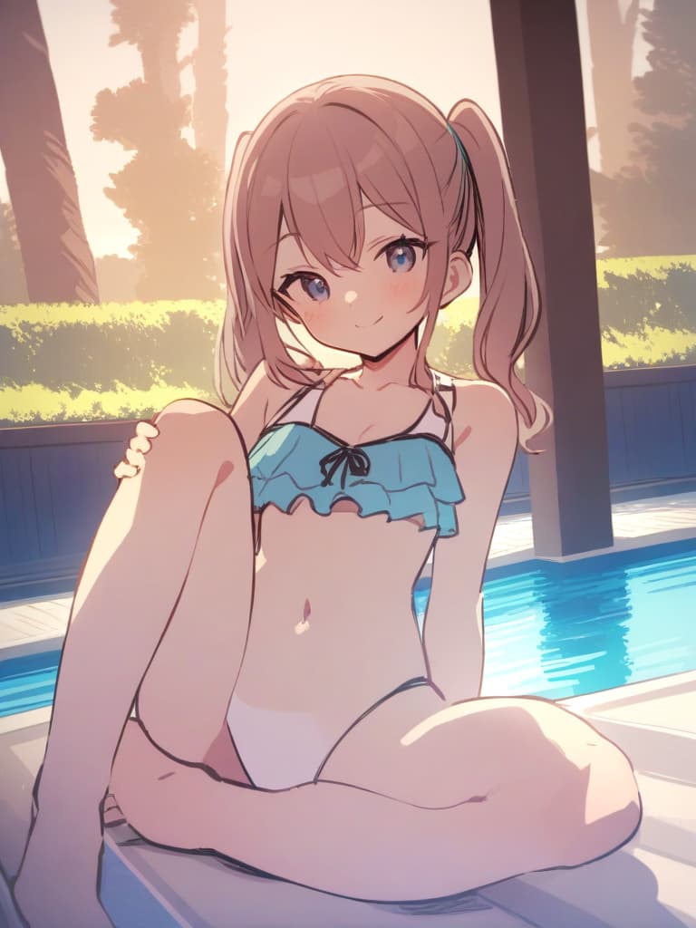  junior high s, twin tails, cute smiles, swimwear, swimwear, s with , (male bulging, phimosis), fluffy, whole body, pool side,