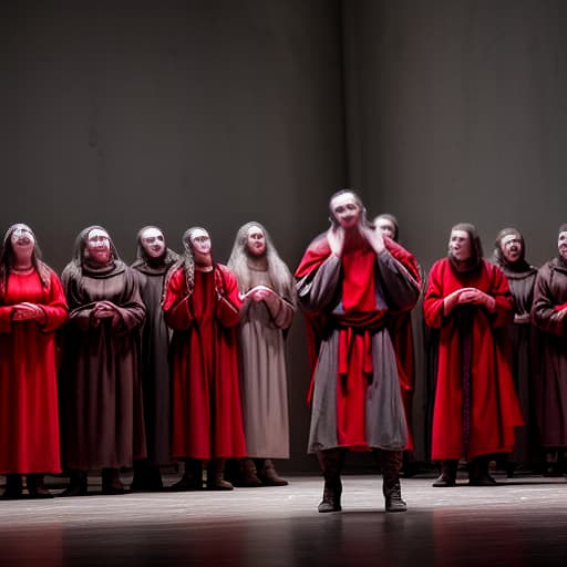  mlad's opera, after the apocalypse, many people in slavic robes in red and gray tones