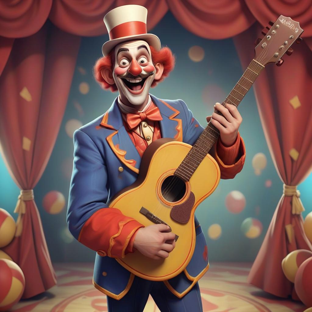  a circus man who is musical, funny, friendly with children. the clothes are bright, with large pockets. guitar in hand.