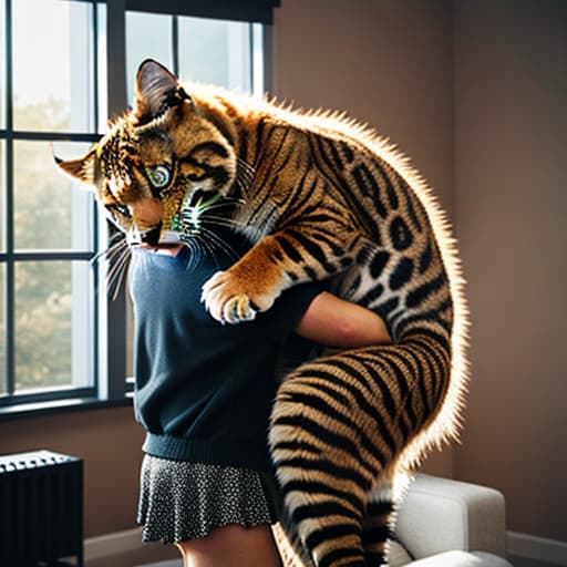  a big cat hugs a cute girl in the living room,pokemon hyperrealistic, full body, detailed clothing, highly detailed, cinematic lighting, stunningly beautiful, intricate, sharp focus, f/1. 8, 85mm, (centered image composition), (professionally color graded), ((bright soft diffused light)), volumetric fog, trending on instagram, trending on tumblr, HDR 4K, 8K