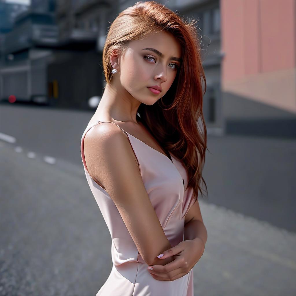  a girl in a red lush dress stands on the road high face detail, professional shot, photorealistic, with high detail, with high detail, extremely (details with high resolution, photographic, thin texture, incredibly realistic, 8k, intricate details, refined, high end, luxurious, professional, (high detail (epic realism cinematic, extremely high resolution of details, photography, brought to the limit of realism)