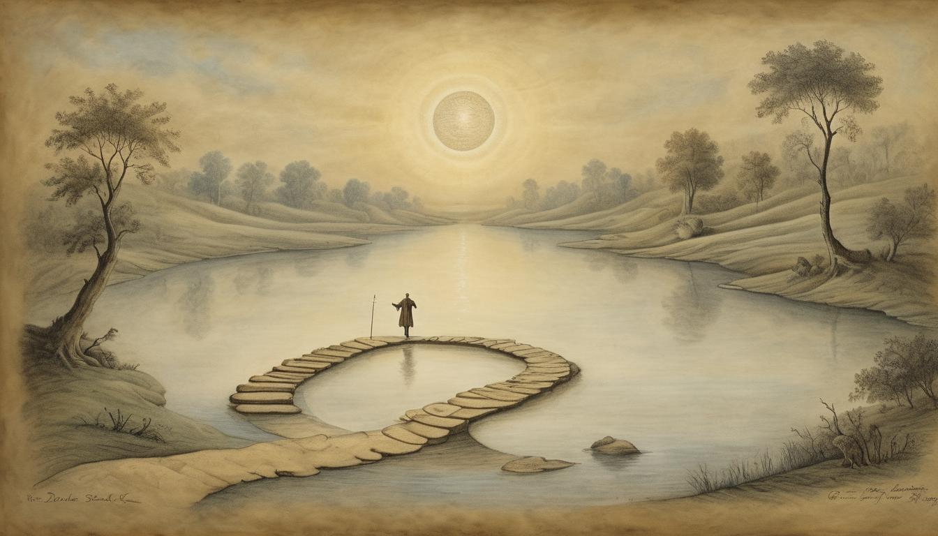  on parchment, surrealism++, stepping stones across a serene river, divine hand above guiding, path leading to a radiant horizon, metaphor of progress, guided journey(mysterious, provocative, symbolic)++