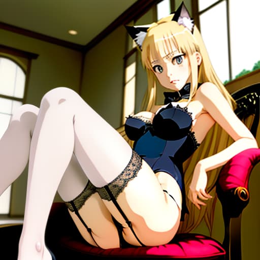  blonde with cat ears. in lace underwear and stockings. it's full height. big anime eyes., manga big eyes expressive faces colorful hair hayao miyazaki masashi kishimoto makoto shinkai clamp yoshiyuki sadamoto