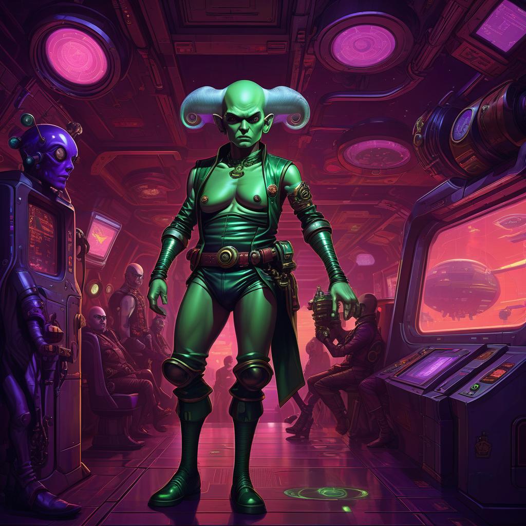  retro game art a group of space pirates, a young alien of thai appearance, 20 year, purple skin, medium sized elastic , elegant thin waist, long slender legs, green hair. man, 40 year, small, fat, bald, black. next to the droid and minotaur. full length image, steampunk, dieselpunk, paropunk, standing in a space tavern, against a background of red light. . 16 bit, vint colors, pixelated, nostalgic, charming, fun