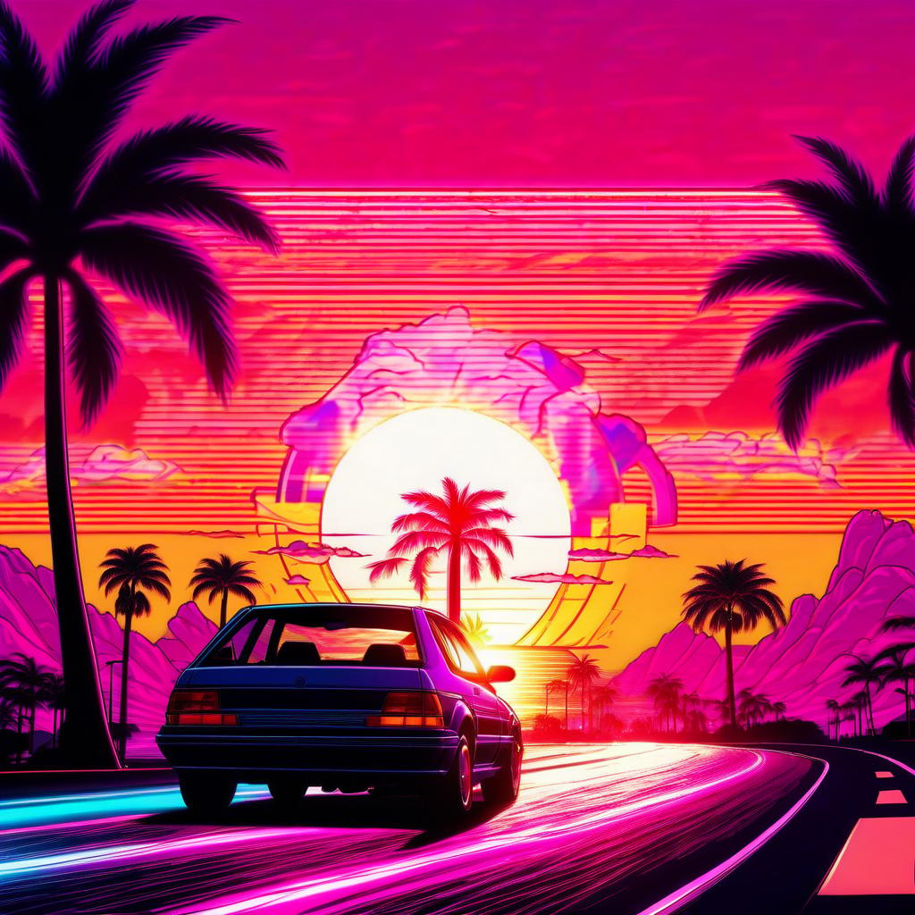  manga style retrowave sun, road, palm tree, car . vibrant, high energy, detailed, iconic, japanese comic style