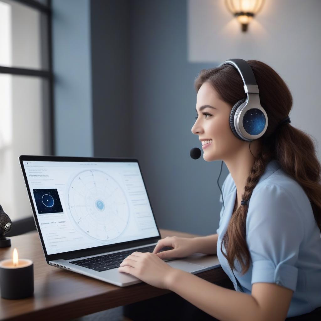  Astrology lesson online on a computer monitor. Negotiations via Skype. Headphones and microphone on the girl.The astrolabe. Joy.