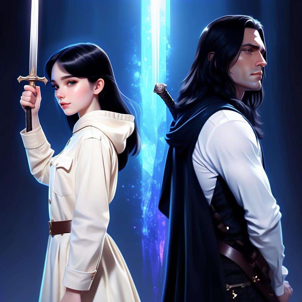  concept art a girl and a man are standing in the center of the composition, back to back. the man is on the right, the girl is on the left. side view. the man is dressed in a white military dress uniform, holding a sword in his hand. the girl is dressed in black pants, a white shirt and a hooded cloak. the man has short black hair, the girl has long, slightly wavy black hair. the girl's right hand is raised up in a magical gesture. the light falls from the upper right corner, the shadow of the man falls on the girl. the background is dark. a blue crystal glows on the girl's neck. fantasy. middle ages. pale skin . digital artwork, illustrative, painterly, matte painting, highly detailed, hkmagic