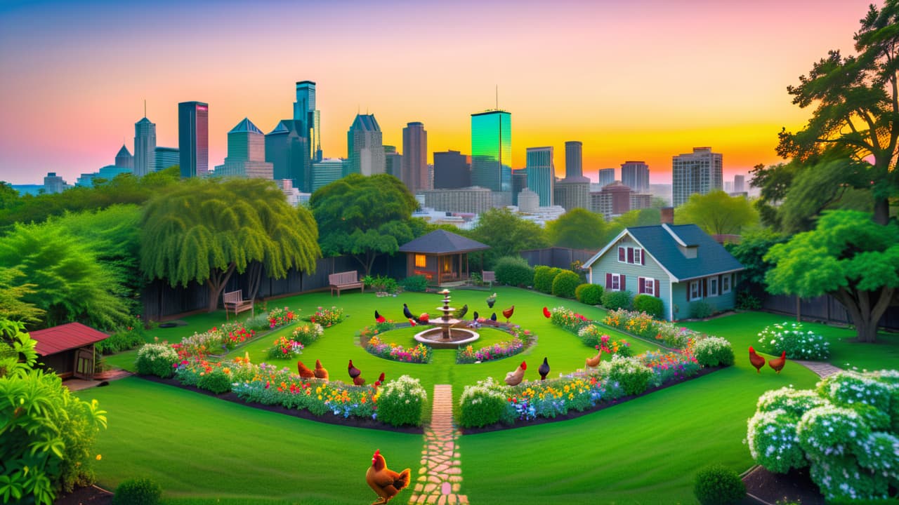  a serene urban homestead scene showcasing a cozy house with a vibrant garden, chickens pecking in the yard, and a city skyline in the background, encapsulating the essence of urban homesteading in texas. hyperrealistic, full body, detailed clothing, highly detailed, cinematic lighting, stunningly beautiful, intricate, sharp focus, f/1. 8, 85mm, (centered image composition), (professionally color graded), ((bright soft diffused light)), volumetric fog, trending on instagram, trending on tumblr, HDR 4K, 8K