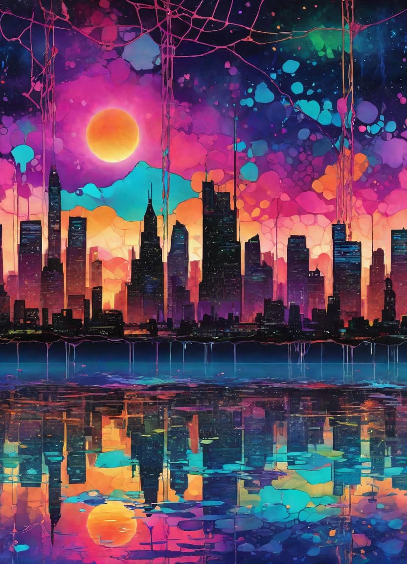  a cityscape where futuristic holograms blend seamlessly with the dawn or dusk horizon, intricate alcohol ink splashes in vibrant colors cascade down the fishnet texture interlaced, glowing neon speckles on a bokeh background accentuating the seamless mesh of reality and digital fantasy, artwork adorned with dripping paint effect for dramatic contrast and subtle scratches adding a unique textural touch, holographic horizon