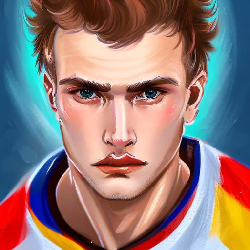 portrait+ style Russian LGBT queer hockey player blonde hunk dude face