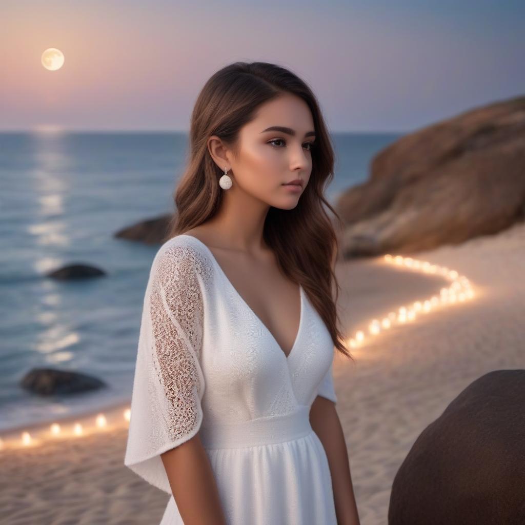  A girl in a white knitted dress by the sea, brown eyes, tattoo on her ear, hyperrealism, warm evening, moon in the sky, pebbles on the beach