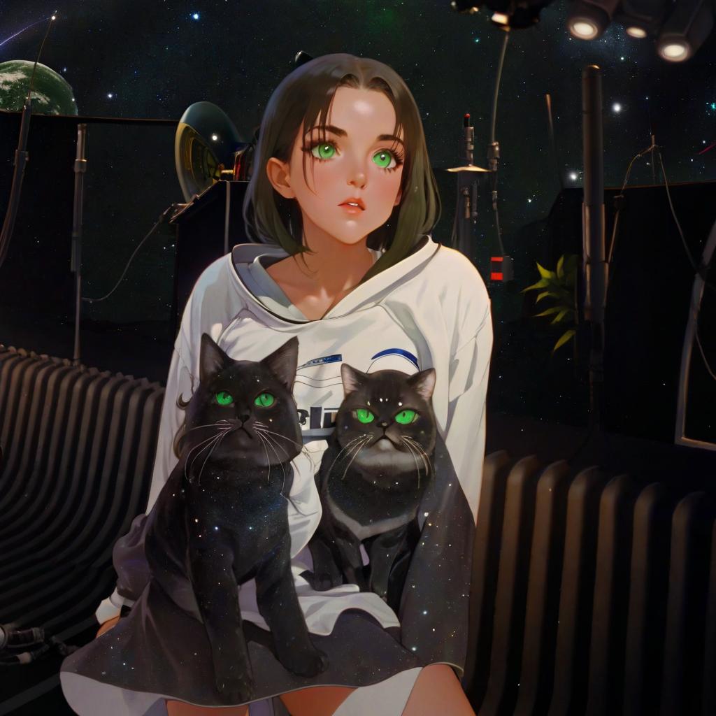  girl with dark green eyes, two cats, space, idol music