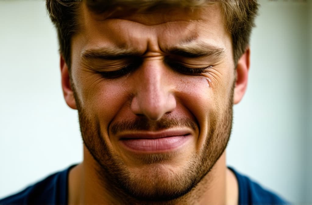  young sad caucasian man crying with tears streaming down his cheeks. emotional breakdown, closed eyes and closed mouth ar 3:2, (natural skin texture), highly detailed face, depth of field, hyperrealism, soft light, muted colors