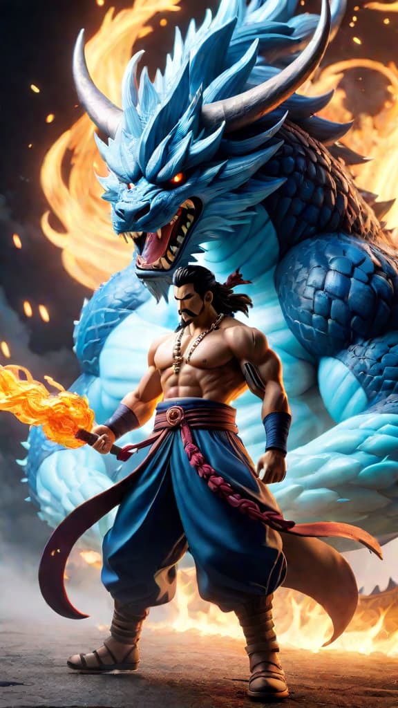  anime art of kaido in his azure dragon form, emanating a terrifying aura of power and fear. hyperrealistic, full body, detailed clothing, highly detailed, cinematic lighting, stunningly beautiful, intricate, sharp focus, f/1. 8, 85mm, (centered image composition), (professionally color graded), ((bright soft diffused light)), volumetric fog, trending on instagram, trending on tumblr, HDR 4K, 8K