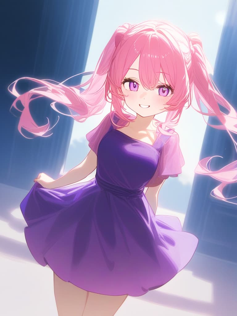  girls, cute, pink hair, pink and purple eyes, dresses like dresses, front, loose twin tails, cute, girl, smile