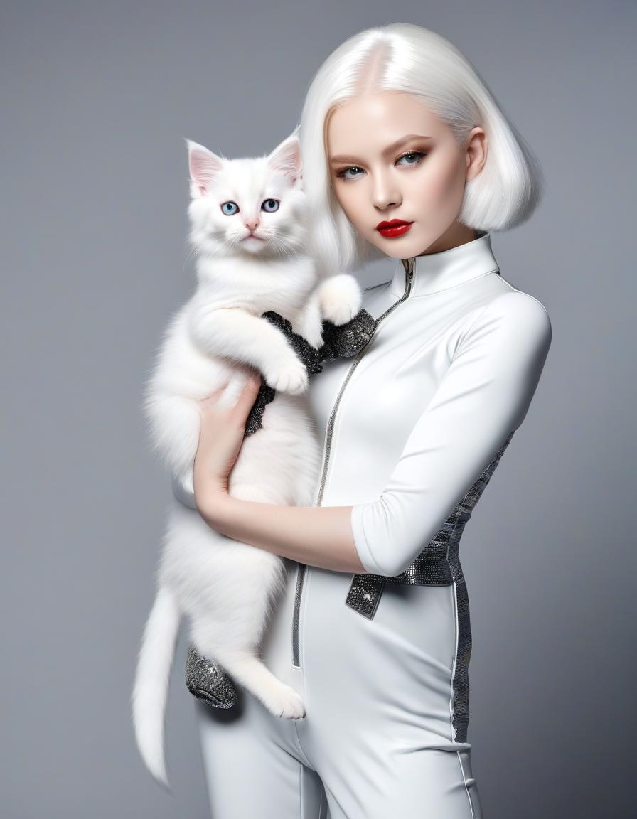  photo masterpiece, an albino girl with white hair, wearing a tight fitting silver jumpsuit and silver high heeled shoes, holds a black kitten