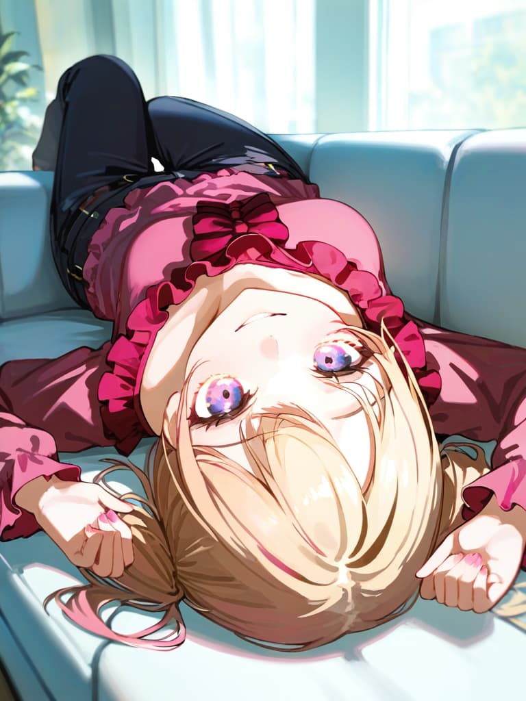  ultra detailed:1.2,masterpiece:1.2,best quality,masterpiece,bestquality,hdr:1.1,8k:1.1,very cute girl:1.3,(pink color,long sleeve frill dress,pants set:1.6),(lying on side:1.4),smile:1.4 ,(blonde hair,twintail,drill hair:1.3) ,(on the couch:1.7),upper body:1.3,dutch angel:1.5,close mouth,(upside down:1.7)(from above:1.1)((eyes highlight:1.1))