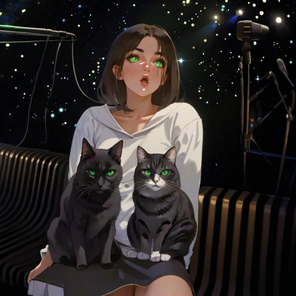  girl with dark green eyes, two cats, space, spotlights, stage, microphone