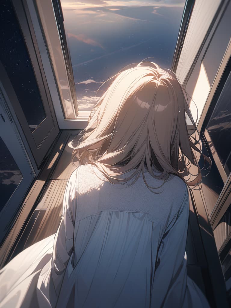  looking up from the window, back, hair is long, hair color is blonde, sky is in the sky, stars are visible, masterpiece, best quality,8k,ultra detailed,high resolution,an extremely delicate and beautiful,hyper detail