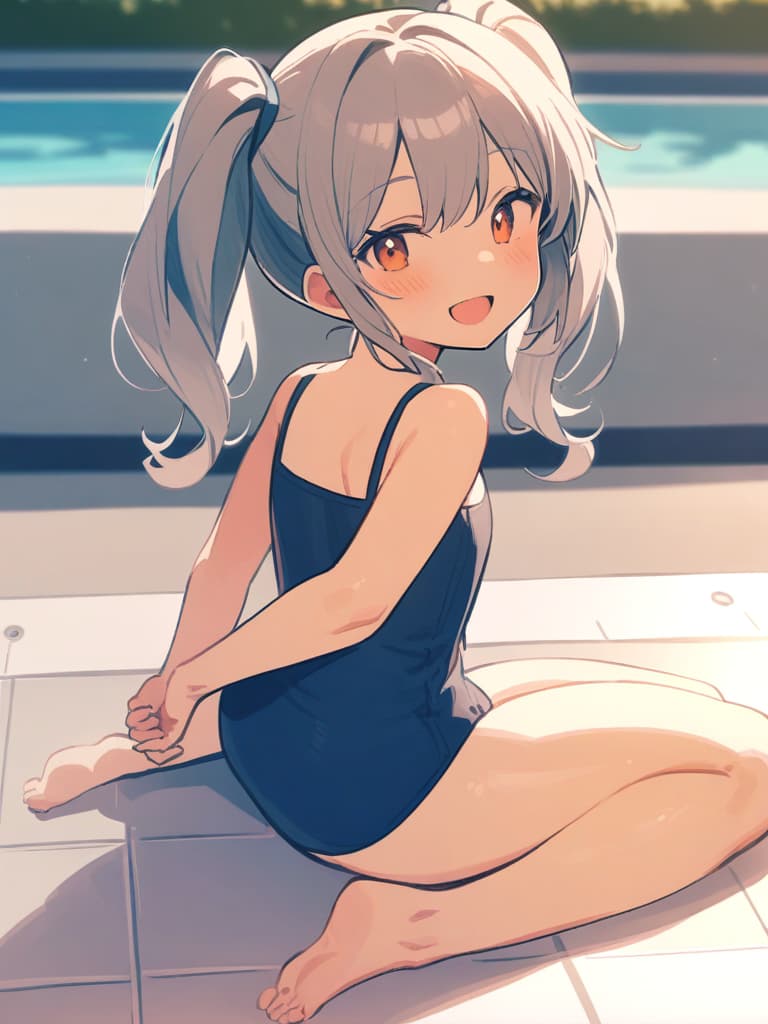  s, twin tails, cute smiles, swimwear, s () growing s, men () swelling, (swelling), poolside, whole body,