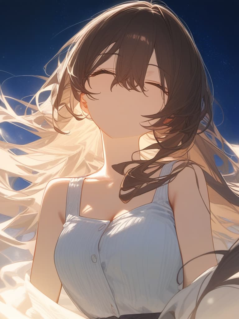  a girl who is laughing at me, bright brown hair, long hair, transparent fleeting, facing here, laughing, under the starry sky, facing here, i am looking at me, wearing a white cardigan over the black sleeveless dress, above the chest, masterpiece, best quality,8k,ultra detailed,high resolution,an extremely delicate and beautiful,hyper detail