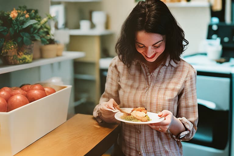 analog style Sarah happily choosing meal options on the app, feeling motivated and hopeful.