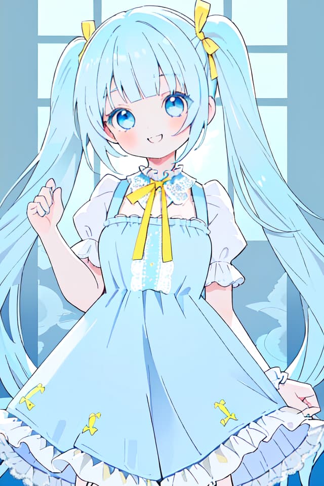  Blue eyes, (twin tails) Masterpiece, Beautiful Girl, (Light Blue Hair Color) (Twin Tail) (Wearing Yellow Ribbon) (SMILE) Eye color)) (Wearing FRLY LACE Dress)