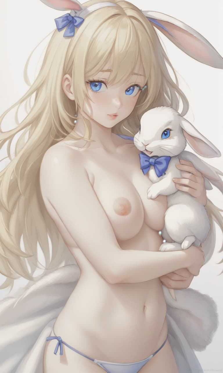  breathtaking realistic photo. girl blonde, blonde hair to shoulder blades, european face type, light skin, blue eyes, plump lips, small tummy at the bottom of the waist, naked with rabbit ears . award winning, professional, highly detailed