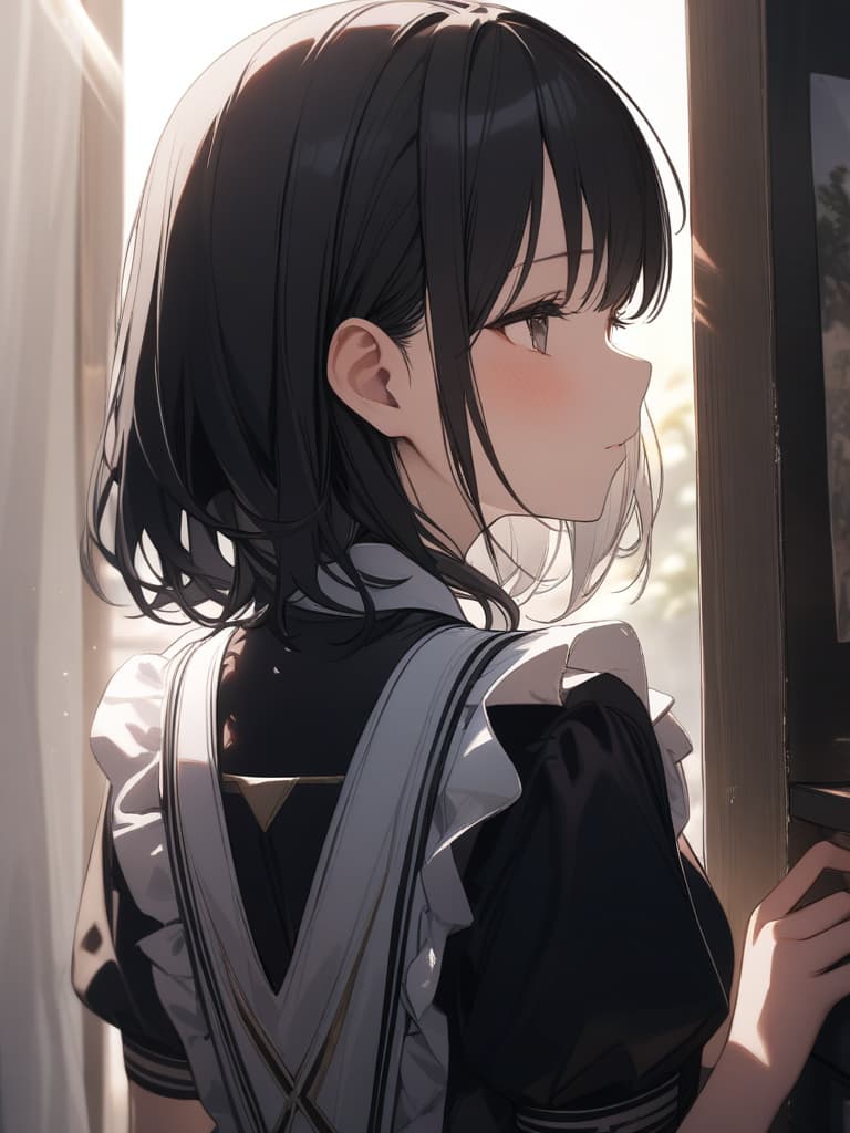  maid, maid clothes, black hair, medium hair, cute, girl, high image quality, blind, cockatiel, sunlight hitting, masterpiece, best quality,8k,ultra detailed,high resolution,an extremely delicate and beautiful,hyper detail