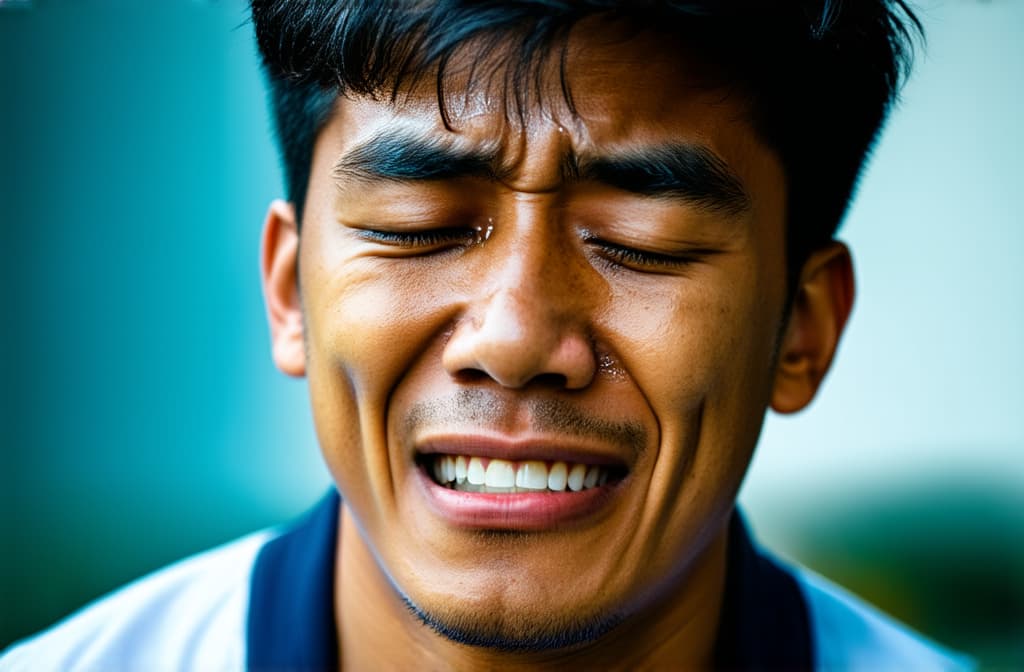  young sad asian man crying with tears streaming down his cheeks. emotional breakdown, closed eyes and closed mouth ar 3:2, (natural skin texture), highly detailed face, depth of field, hyperrealism, soft light, muted colors