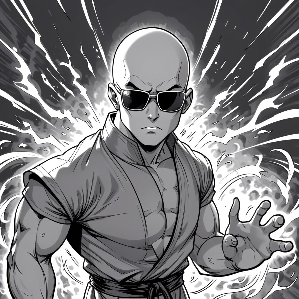  manga artwork a male young bald monk,he has johnny cage appearance,make him serious with some menacing aura around him,draw him manga style black and white during a impact frame,he wears sun glasses impact frames. manga artist. manga, highly emotional. best quality, high resolution