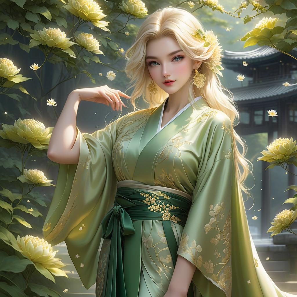  a short elf with long, bright blonde hair always neatly styled. her mature, soft purple eyes are tired and droopy, and her long ears extend outward, reflecting the timeless wisdom attributed to elves in folklore. cherry’s divine attire is a celestial kimono made of emerald green satin silk that shifts between hues of green and gold. it features flowing, floor length sleeves trimmed with greenish gold silk and delicate ocean wave patterns in gold thread. the kimono is adorned with intricate embroidery of cascading chrysanthemums and climbing vines in luminous gold and silver, creating a magical, garden like effect. the hidden collar of pristine white silk with radiant gold accents emits a soft, celestial glow. the waist is cinched with a g