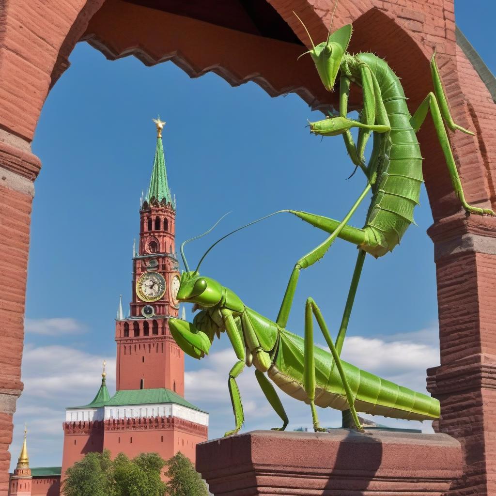  The green mantis climbs the Spasskaya Tower of the Kremlin