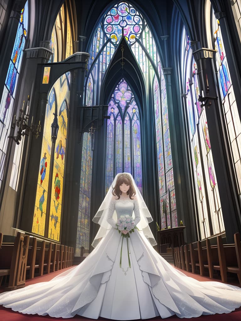  women, churches of stained glass, flowers of various colors, wedding dresses, masterpiece, best quality,8k,ultra detailed,high resolution,an extremely delicate and beautiful,hyper detail