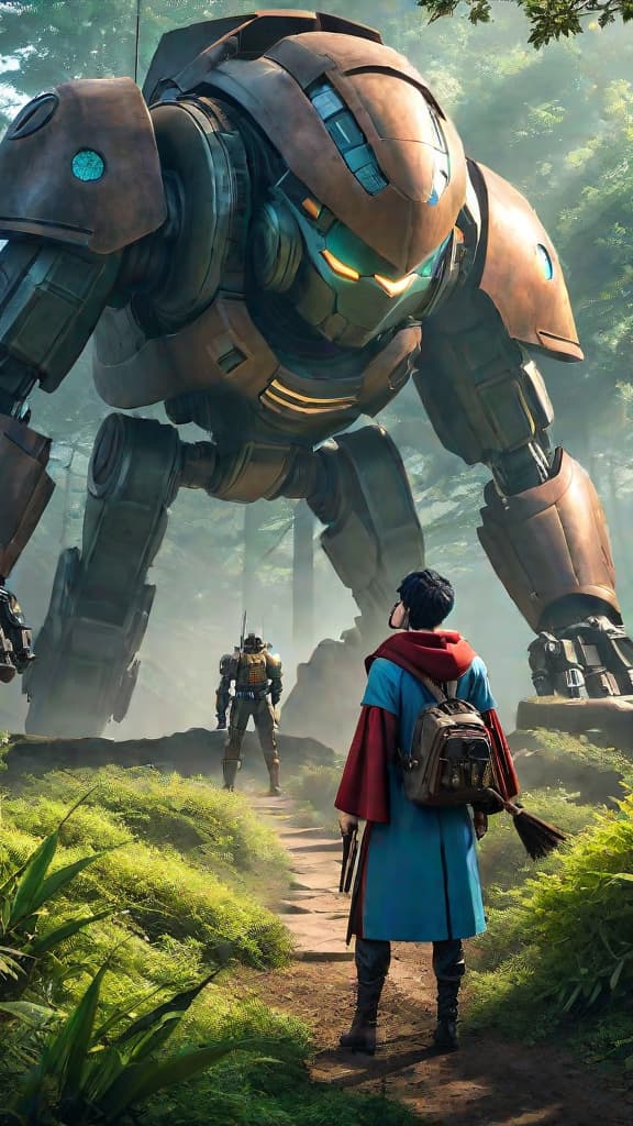  anime art: depict joy boy facing off against zunesha and the ancient robot in a mysterious confrontation. hyperrealistic, full body, detailed clothing, highly detailed, cinematic lighting, stunningly beautiful, intricate, sharp focus, f/1. 8, 85mm, (centered image composition), (professionally color graded), ((bright soft diffused light)), volumetric fog, trending on instagram, trending on tumblr, HDR 4K, 8K