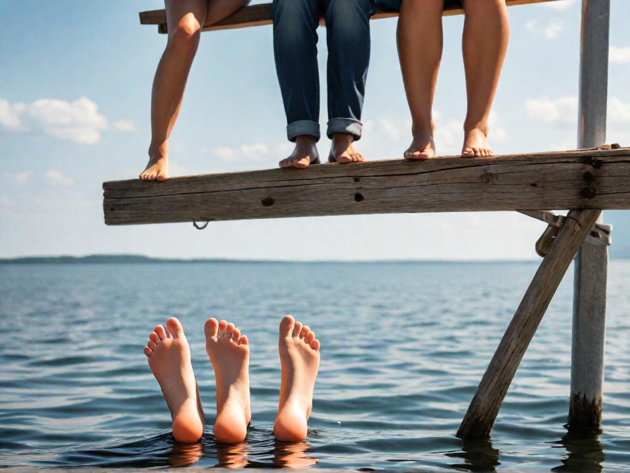  macro photography, a couple sitting on the edge of a dock, feet dangling in the water, symbolizing a life of financial freedom, close up, macro 100mm, macro photography