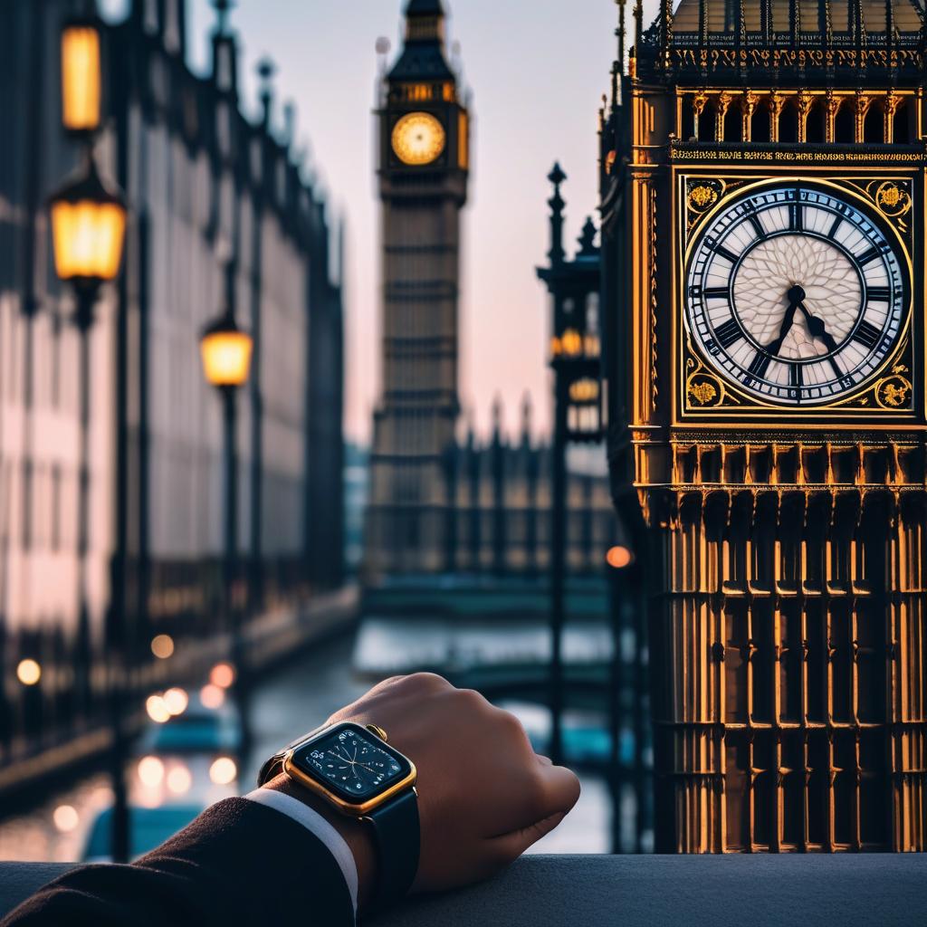  the scene is set at big ben with a guy checking his digital watch/ apple watch to check the time in the near distance you see others also checking their phones instead of just looking up at big ben it’s ironic because big ben is a huge clock. make it from the point of view of someone looking down at their watch, cinematic film style, shallow depth of field, vignette, highly detailed, high budget, bokeh, cinemascope, moody, epic, gorgeous, film grain, grainy