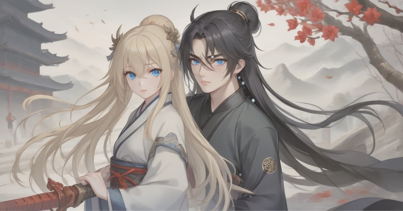  breathtaking realistic photo, two people, a character from the novel “system save yourself for the main hero”, lo binghe, a young man in black with an unassuming long sword behind his back. long black hair to the waist, red eyes, demonic mark on the forehead, next to him a girl is blonde, blonde hair to the shoulder blades, european face type, light skin, blue eyes, plump lips, small tummy at the bottom at the waist ancient china . award winning, professional, highly detailed, hkmagic