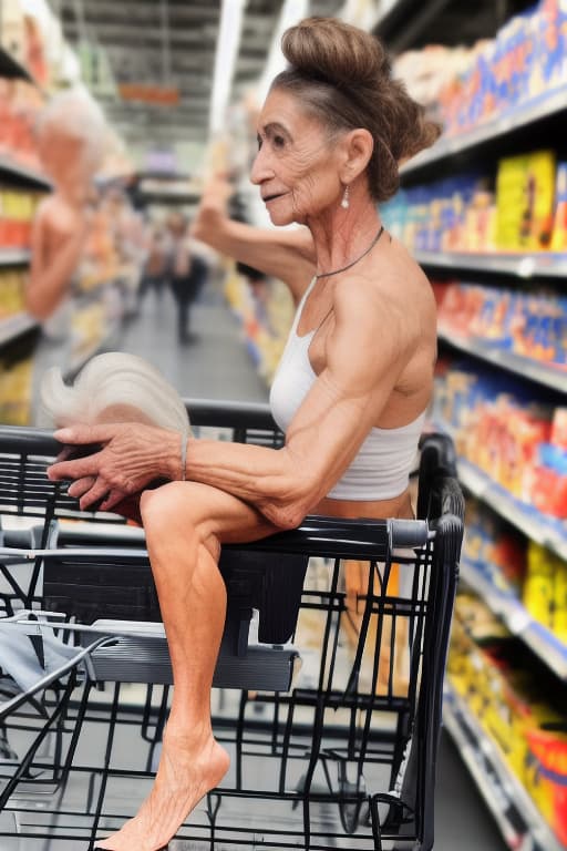  cute muscular old italian girl with her hair in a bun and wearing gles with soft supple s and ripped abs and muscular legs and a on piercing shopping in walmart