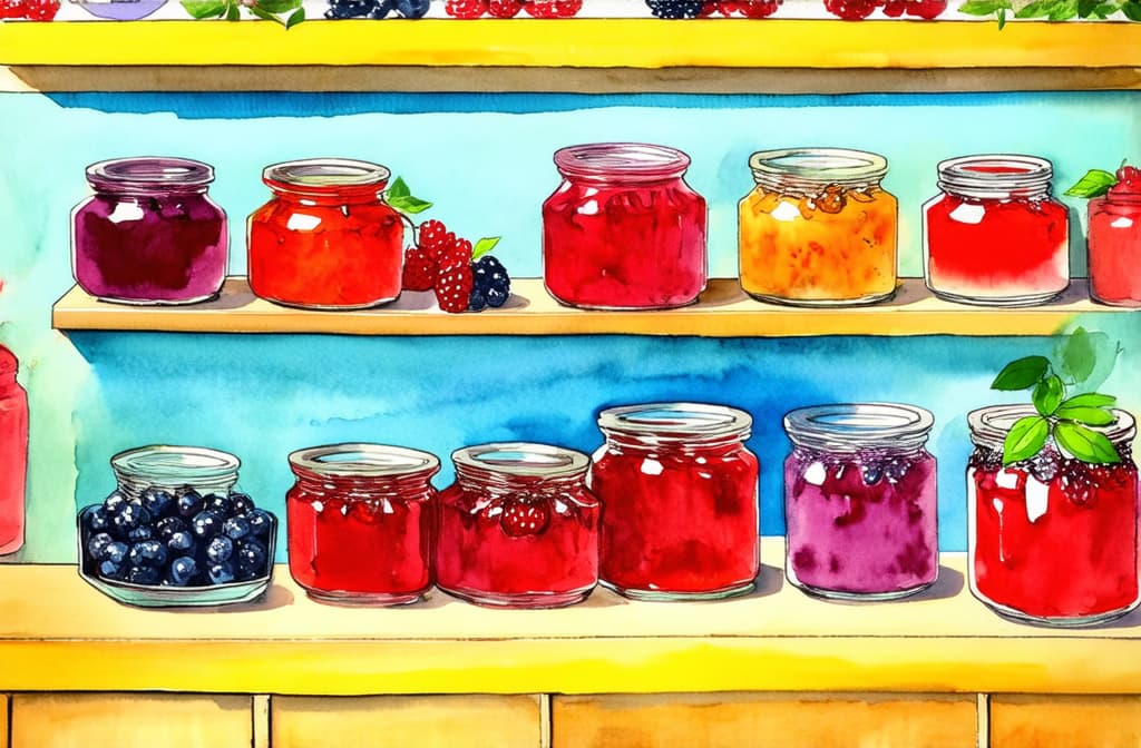  artwork glass jars with jam from different berries stand on the shelves. horizontal shelves with jars occupy the entire image ar 3:2, watercolor techniques, featuring fluid colors, subtle gradients, transparency associated with watercolor art