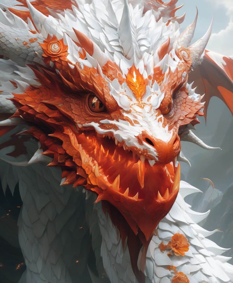  (vivid colors:1.2) (close up:1.3) of a (majestic red and white dragon:1.3), featuring a (reptilian face:1.1) adorned with (intricate scales:1.2) in hues of (white and orange:1.3). the dragon's eyes are (piercing and surreal:1.2), reflecting a (mystical landscape:1.1) behind it. its wings are (sweeping and ethereal:1.3), merging seamlessly with elements of (hybrid surrealism:1.2) inspired by (beeple's style:1.1). the background is filled with (dreamlike patterns:1.2) that enhance the otherworldly feel of the composition, creating a stunning digital masterpiece reminiscent of (adam marczyński's artistry:1.3).