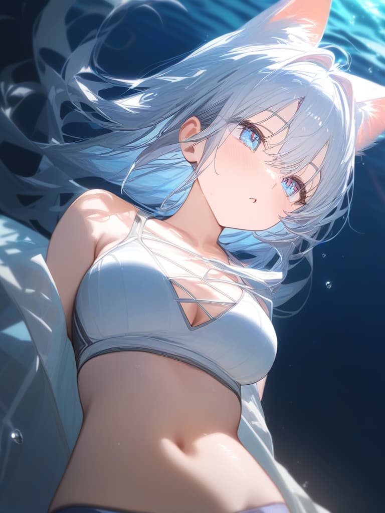  underwater, silver hair, semi long, cat ears, swimwear, light blue eyes, girl, masterpiece, best quality,8k,ultra detailed,high resolution,an extremely delicate and beautiful,hyper detail