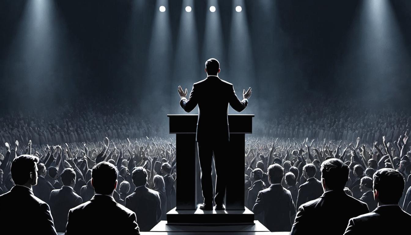  （surrealism)a person behind a podium, receiving applause from the audience, raised hands, proud, accomplished mystic, intricate details, best quality)